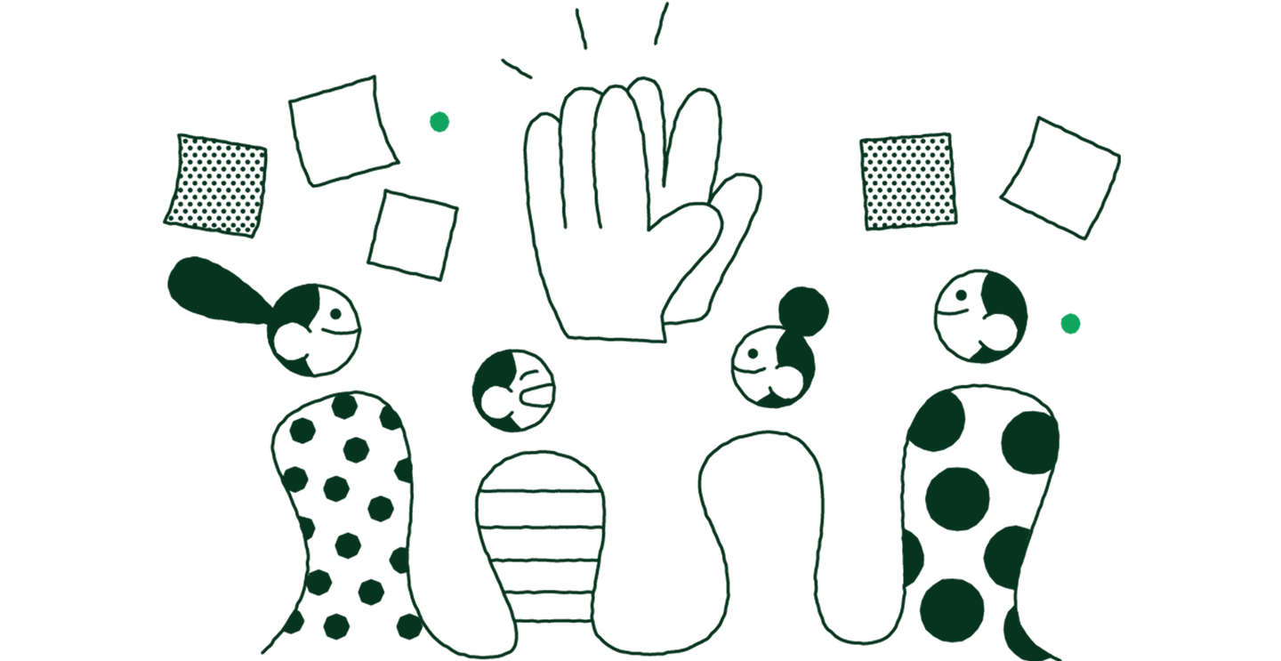 An illustration of two men and two women in an office.